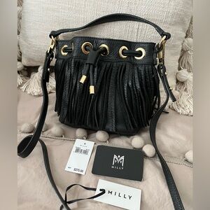 Milly small drawstring fringe bucket bag, black